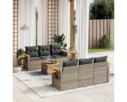 7-delige zitgroep tuin grijs met kussens, PE-rotan, tafel van acaciahout, modulaire slaapbank met armleuningen en klaptafel zij-gaslift