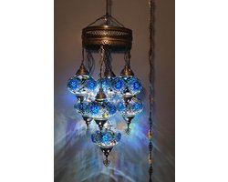 7 globe hanglamp mozaïek glas blauw- Turkse hanglamp 7 bollen mozaïek glas blauw - Oosterse kroonluchter 7 bollen mozaïek glas blauw
