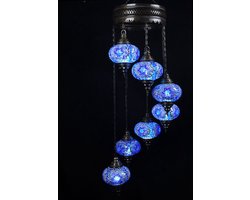 7 globe hanglamp mozaïek glas blauw- Turkse hanglamp 7 bollen mozaïek glas blauw - Oosterse kroonluchter 7 bollen mozaïek glas blauw