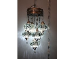 7 globe hanglamp mozaïek glas multicolour- Turkse hanglamp 7 bollen mozaïek glas multicolour - Oosterse kroonluchter 7 bollen mozaïek glas multicolour