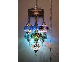 7 globe hanglamp mozaïek glas multicolour- Turkse hanglamp 7 bollen mozaïek glas multicolour - Oosterse kroonluchter 7 bollen mozaïek glas multicolour