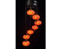 7 globe hanglamp mozaïek glas oranje- Turkse hanglamp 7 bollen mozaïek glas oranje - Oosterse kroonluchter 7 bollen mozaïek glas oranje