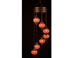 7 globe hanglamp mozaïek glas rood- Turkse hanglamp 7 bollen mozaïek glas rood - Oosterse kroonluchter 7 bollen mozaïek glas rood