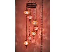 7 globe Mozaïek glas oranje-rood- Turkse hanglamp - Oosterse kroonluchter