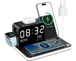 7-in-1 draadloze oplader met horloge, temperatuur en datum, compatibel met iPhone 17/16/15/14/13 Pro Max, AirPods en Apple Watch, compatibel met Samsung S25/S24, instelbaar nachtlampje, 33 W-adapter