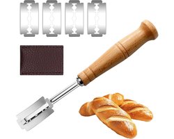 7-pack - Broodmes - Roestvrij staal - Snijgereedschap - Houten handvat (met 5 messen en donkerbruine leren hoes) voor deeg, pizza, bakken