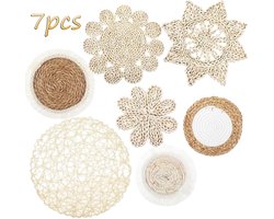 7-Piece Boho Wandmandenset - Handgemaakte Seagrass & Rattan Muurdecoratie - Decoratieve Ronde Wandmanden voor Woonkamer, Slaapkamer & Hal - Bohemian Wandhangers