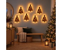 7 stuks - Verlichte houten 3D-kerstdecoratie - Kerstwanddecoraties - Kerstverlichting - Houten kerstboomornamenten - Verlichte kerstversiering - Kerstcadeau - Zelfklevend - Geschikt voor woonkamers, slaapkamers en ruimtes met een open haard