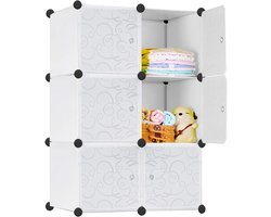 70x35x105cm Wit Kledingkast Kunststof, Reksysteem Garderobekast met 6 Kubussen & Deur, Draagbare Planksysteem Slaapkamerkast, Combikast voor Kleding/Boeken/Speelgoed, NAIZY