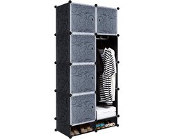 70x35x157cm Zwart Kledingkast Kunststof, Reksysteem Garderobekast met 8 Kubussen & Deur, Draagbare Planksysteem Slaapkamerkast, Combikast voor Kleding/Boeken/Speelgoed, NAIZY