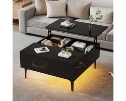 70x70x35cm salontafel - in hoogte verstelbaar - met verborgen opbergruimte en planken - zwarte hoogglans woonkamertafel - LED bureau - banktafel met lades