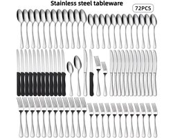 72-delige hoogwaardige roestvrijstalen bestekset, inclusief mes, vork, lepel, steakmes set, geschikt voor 12 personen, huishoudelijk, restaurant, hotel servies, vaatwasserbestendig, vakantiecadeaus, catering