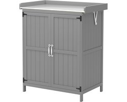 74 x 43 x 88 cm Tuinkast met Werkblad, Gereedschapskast voor Buiten, Tuinberging met Dubbele Deuren, Opbergkast voor Tuingereedschap, Tuinmeubel Kast, Werkbank voor Tuinieren, Buitenopslagkast, Tuinschuur, Plantenkast, Grijs
