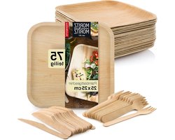 75-delig duurzaam palmblad servies - 25 wegwerpborden - 25 houten wegwerpbestek - alternatief voor bamboe - eco-vriendelijk servies