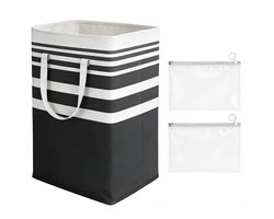 75 liter, zwarte strepen, opvouwbaar, met 2 ritssluitingen, opbergtas, waszak met handvat, grote wasmand, opvouwbare wasmand voor slaapkamer, badkamer, studentenwoning