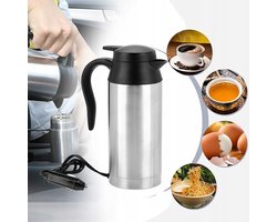 750 ml Roestvrijstalen Reis Waterkoker - 12V Auto Kachel - Geïsoleerde, Hittebestendige Behuizing - 95 cm Snoer - Kookt Water Onderweg - Zilver