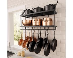 76 cm keukenpannenrek - gemonteerd ophangrek voor keukenopslag en organisatie - matzwarte 2-laags wandplank met beschermrail voor potten en pannen organizer met 12 haken - KUR215S75B-BK