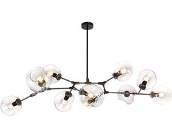 79" Sputnik kroonluchter handgeblazen, E26 9-lamps hanglamp uit het midden van de eeuw, verstelbare hoogte, matte zwarte metalen bolvormige kroonluchter, Nordic Starburst plafondlamp transpa