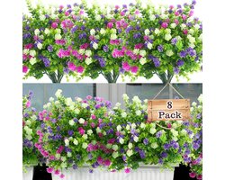 8 bundels kunstbloemen voor buiten. UV-bestendig kunstbloemen voor binnen en buiten, hangende plantenbak, kunstplanten en -bloemen. Bulk huis-, tuin-, muur-, veranda- of bruiloftsfeestdecoratie, wit / fuchsia / paars