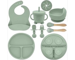 8-Delig Baby Servies Set (Siliconen) - Met Zuignapbord & Anti-Lek Beker | Vaatwasser- & Ovenbestendig | BPA-Vrij | Lichtgroen