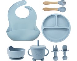 8-Delig Kinderservies set Siliconen - Baby Servies set Incl. bord met zuignap, drinkbeker met rietje, slabbetje en 2 sets Kinderbestek - Baby Bestek Siliconen - Vaatwasserbestendig - Ovenbestendig - BPA Vrij - Lichtblauw