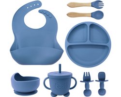 8-Delig Kinderservies set Siliconen - Baby Servies set Incl. bord met zuignap, drinkbeker met rietje, slabbetje en 2 sets Kinderbestek - Baby Bestek Siliconen - Vaatwasserbestendig - Ovenbestendig - BPA Vrij - Marineblauw
