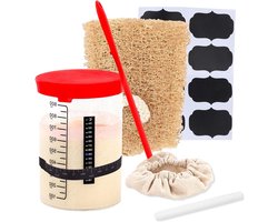 8-delige glazen zuurdesem starterkit voor fermentatie en conserveren met thermometer - 1 liter starterpot - inclusief schaal, papier en deksel/schraper - ideaal voor zuurdesem en yoghurtbereiding.