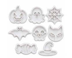 8-delige Halloween Koekjes Uitsteekvormen – 3D Koekjesstempels – Pompoen, Spook, Schedel en Spin – Wit