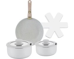 8-delige Pannenset – Elegant Wit – Ultra Anti-aanbak met Verwisselbare Houten Handgreep – Geschikt voor Alle Warmtebronnen