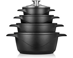 8-Delige Pannenset Gietaluminium met Keramische Antiaanbaklaag - Geschikt voor Inductie, Gas, Keramische Kookplaten en Oven - Inclusief Glazen Deksels en Siliconen Handschoenen - PFOA Vrij - Duurzame Kookset