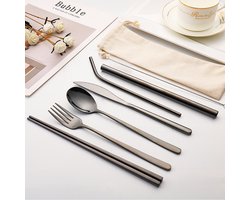 8-delige roestvrijstalen bestekset - Elegante set voor bruiloften, feesten en Kerstmis - Inclusief opbergtas, eetstokjes en rietjes - Zwart