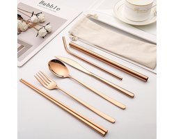 8-delige roestvrijstalen bestekset - Elegante set voor bruiloften, feesten en Kerstmis - Inclusief opbergzak, eetstokjes en rietjes - Roségoud