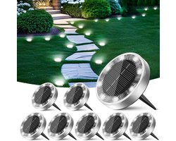8-delige set buitenverlichting op zonne-energie, platte schijfvormige lampen, geschikt voor landschapsverlichting langs paden, in tuinen, opritten, gazons, langs trottoirs, enz., koel wit licht.