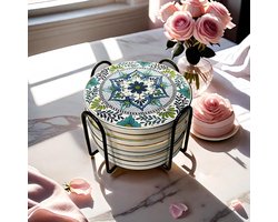 8-delige set keramische onderzetters absorberend met kurkbasis en zwarte houder - salontafel decoratie - cadeau - woonaccessoires