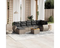 8-delige set tuinmeubelen met kussens, grijs polyrotan, modulaire vrije tijd met acaciahouten blad, afneembare wasbare hoezen, terrasmeubilair