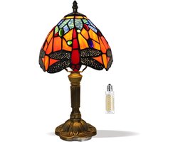 8-Inch Libel-Tiffany Tafel Lamp – Vintage Kleine Glas-in-Lood Lamp (Blauw/Oranje) 37,1 cm Hoog