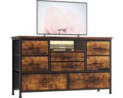 8-ladig Bruin tv-meubel met stopcontact, ledverlichting en stoffen lades, metalen frame en houten blad, geschikt voor 55-inch tv, dressoir en consoletafel voor woonkamer, slaapkamer en hal