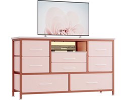 8-ladig Roze tv-meubel met stopcontact, ledverlichting en stoffen lades, metalen frame en houten blad, geschikt voor 55-inch tv, dressoir en consoletafel voor woonkamer, slaapkamer en hal