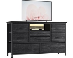8-ladig Zwart tv-meubel met stopcontact, ledverlichting en stoffen lades, metalen frame en houten blad, geschikt voor 55-inch tv, dressoir en consoletafel voor woonkamer, slaapkamer en hal