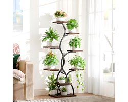 8-niveaus plantenstandaard met groeilicht - 124 cm metalen houten bloemenrek voor binnen en buiten - decoratief zwart plantenrek voor tuin balkon woonkamer