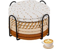 8 Onderzetters - 11 cm onderzetters met metalen houder - Wasbare, antislip ronde katoenen onderzetters - Onderzetters voor thuis/keuken/bar/kantoor - Onderzetters voor drankjes - Onderzetters met houder - Onderzetters - 4 kleuren