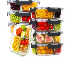 8-pack glazen maaltijdcontainers met 3 compartimenten - luchtdichte en lekvrije voedselopslag - BPA-vrij