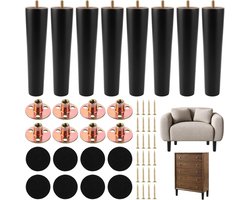 8 Stukken Meubelpootjes Hout 20 cm Sofa Poten Zwart met M8 Bouten Bevestigingsplaat Rubber Mat voor Salontafel en Kast