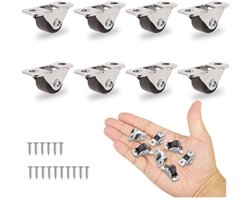8 stuks - 28x12x12mm - Mini vaste zwenkwielen met laag profiel-enkelrichtingsverkeer-kleine rubberen wielen met stalen bovenplaat voor kleine apparaten-meubels-doe-het-zelfprojecten (niet draaibaar)