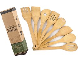 8 Stuks Bamboe Houten Keuken Kookgerei Set, Kookgerei set Bamboe, Spatel, Keuken Bakken Schuimspaan, Keukenspatels en Lepels, Spatelset, Bakspatels, Keuken Gerei