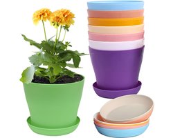8 stuks - Bloempotten - Plastic plantenpotjes - Plantenbak - Decoratieve bloempotten - Kleurrijke bloempotjes - met onderzetters - voor het kweken van zaailingen en miniatuurplantjes - voor tuin, kantoor of balkon - 14*12 cm - 8 kleuren