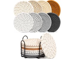 8 stuks - Drankonderzetters met houder, 8 kleuren - Absorberende onderzetters voor drankjes, Eenvoudige onderzetters - Set katoenen onderzetters, Geweven onderzetters voor salontafels, woondecoratie en bar, 4,3 inch