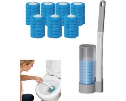 8 stuks - grijze toiletborstelset – 1 steel + 42 blauwe sponskoppen – Inclusief houder – Vervangbare koppen – Contactloos toiletreinigingssysteem – 17,6 x 10 x 40,1 cm