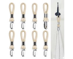 8 stuks - handdoekklemmen - badhanddoekklem - metalen keuken-theedoek haken - met geweven katoenen touw lus - voor het ophangen van theedoekhouders in keuken, badkamer, thuis - gebroken wit - 11*2.3 cm