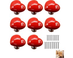 8 stuks - Hartvormige Keramische Deurknoppen - Keramische Dressoirknoppen in Hartvorm - Mooie Mini Rode Kastknoppen - voor lades, kasten, garderobekasten, etc. - Hartrood - 3.8×3.2×3.2cm